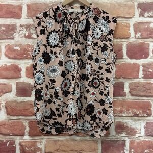 Ann Taylor Loft Top Women's Medium Pink Multicolor Garden Floral Tie Neck Shirt